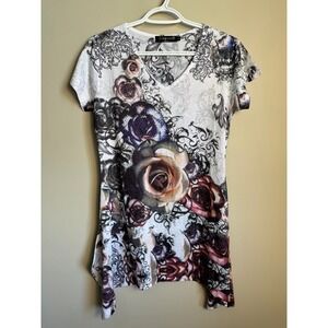Temptation Italy Floral Short Sleeve Tunic Top Size L Rhinestone Y2K Whimsigoth